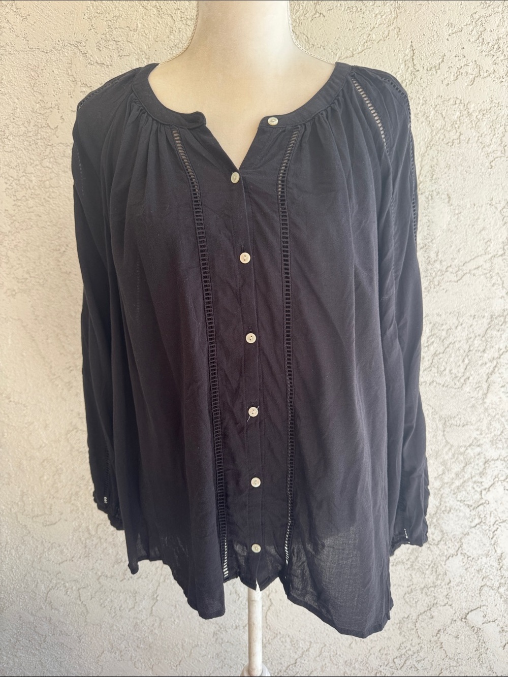 Black Button-Front Women's Peasant Blouse size XL